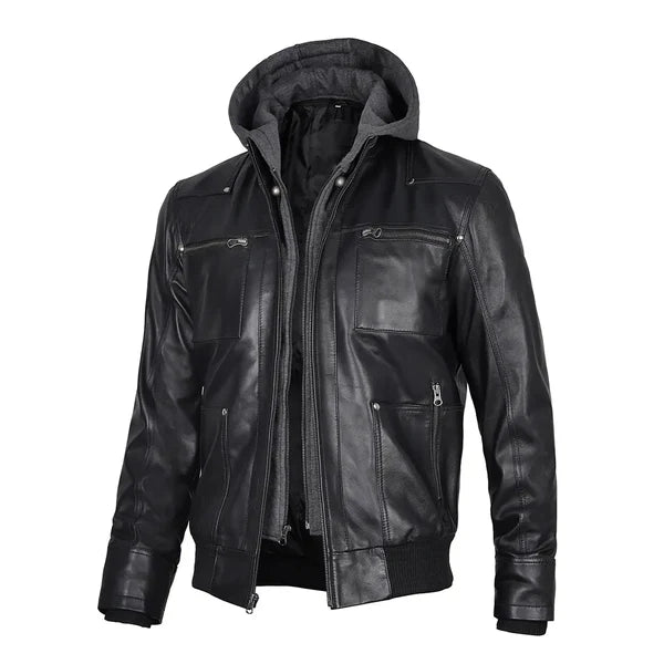 Men's Grey Hoodie Leather Jacket-Leather Jackets-Premium Leather Store