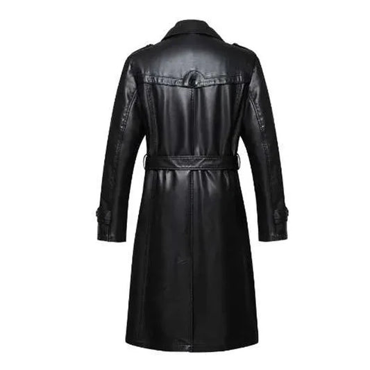 Black Double Collar Long Trench Genuine Leather Coat-Men Leather Coat-Premium Leather Store