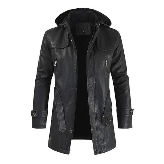 Black Fashionable Hooded Long Leather Motorcycle Coat-Men Leather Coat-Premium Leather Store
