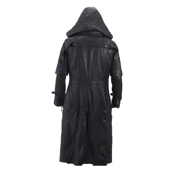 Black Hooded Goth Matrix Steampunk Long Leather Coat-Men Leather Coat-Premium Leather Store