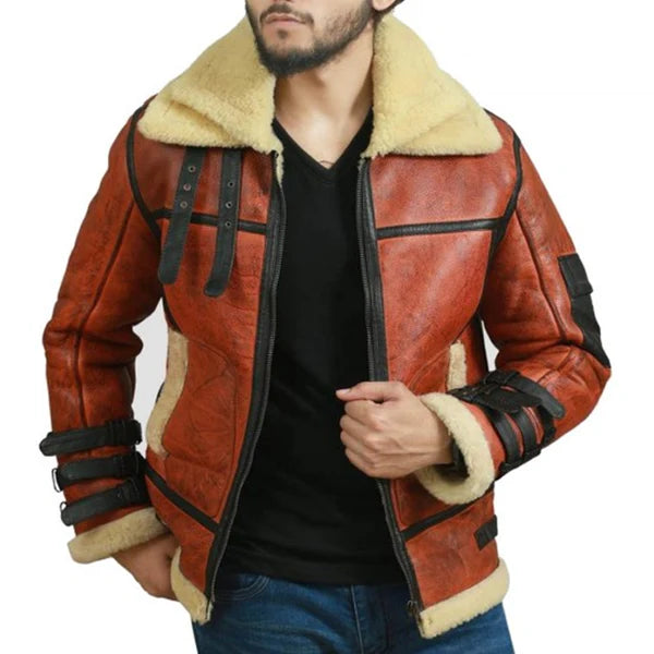 Men's RAF B3 Aviator Faux Shearling Bomber Leather Jacket-Men Shearling Jacket-Premium Leather Store