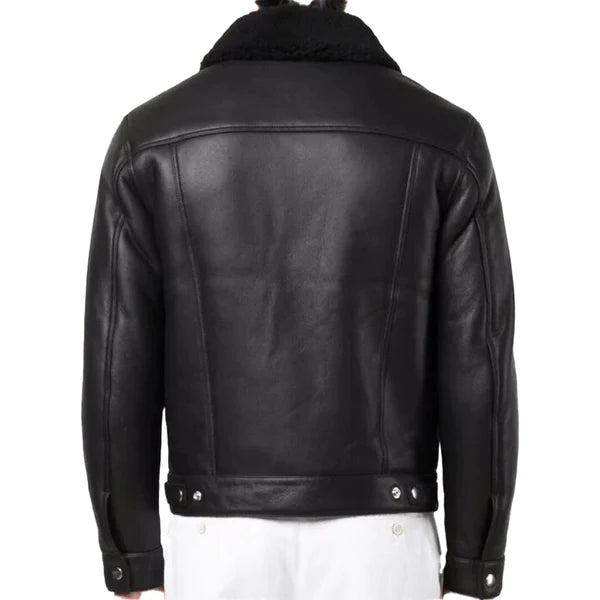 Men's Black Faux Shearling Fur Collar Bomber Leather Jacket-Men Shearling Jacket-Premium Leather Store