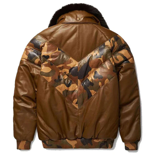 Men's Brown V-Bomber Faux Shearling Leather Jacket-Men Shearling Jacket-Premium Leather Store