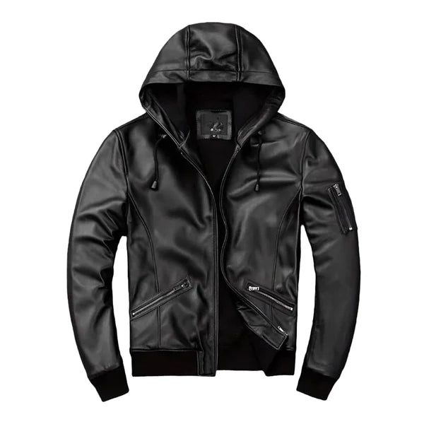 Men's Black Hooded Motorcycle Bomber Jacket-Men's Bomber Jacket-Premium Leather Store