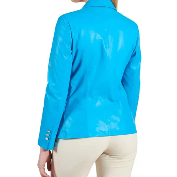 Women's Blue Double Breasted Leather Coat-Women Leather Jacket-Premium Leather Store
