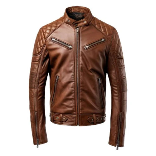 Men's Brown Racer Biker Leather Jacket-Men's Biker Jackets-Premium Leather Store