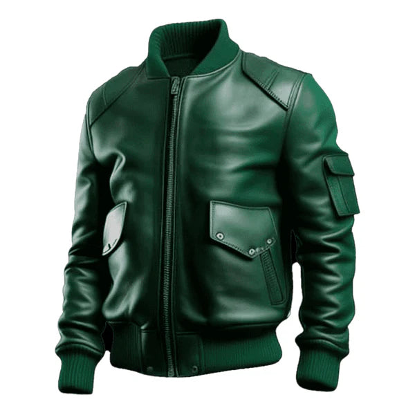 Men's Green Sleeve Pocket Bomber Leather Jacket-Men's Bomber Jacket-Premium Leather Store