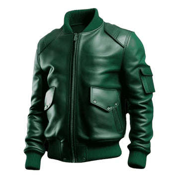 Men's Green Sleeve Pocket Bomber Leather Jacket-Men's Bomber Jacket-Premium Leather Store
