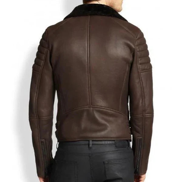 Men's Black Faux Shearling Cafe Bomber Leather Jacket-Men Shearling Jacket-Premium Leather Store