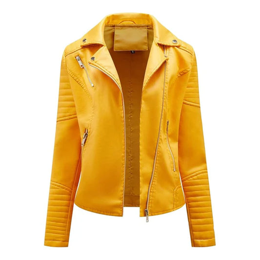Women's Yellow Lapel Collar Moto Leather Jacket-Women Leather Jacket-Premium Leather Store