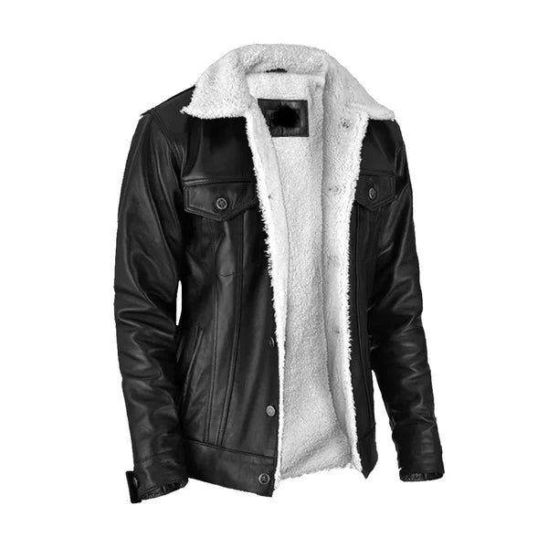 Men's Black Aviator Faux Shearling Leather Jacket-Men Shearling Jacket-Premium Leather Store