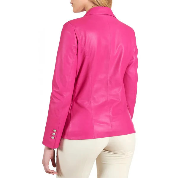 Women's Pink Double Breasted Leather Coat-Women Leather Jacket-Premium Leather Store