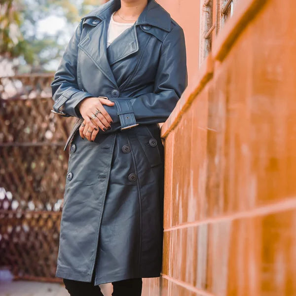 Women's Blue Double-Breasted Classic Leather Trench Coat-Women Leather Coat-Premium Leather Store