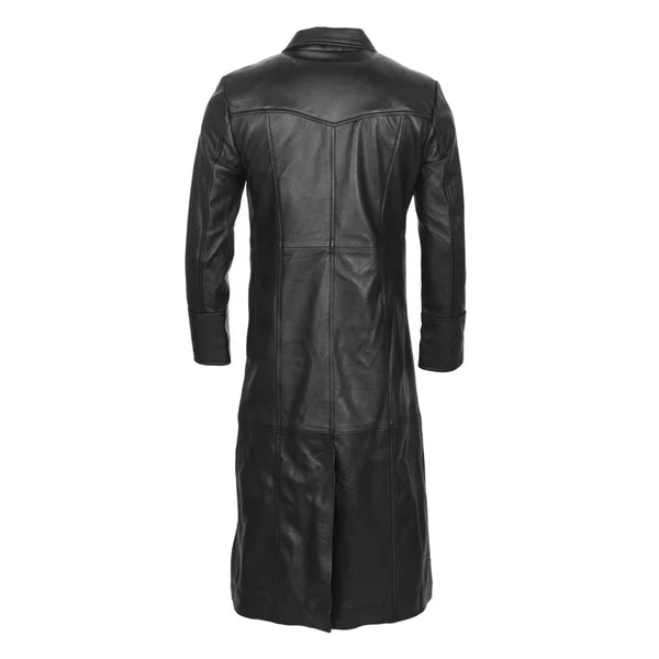 Black Double Collar Long Trench Genuine Leather Coat