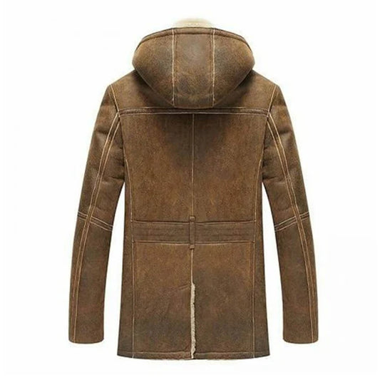 Men's Brown Hooded B3 Shearling Real Leather Coat-Men Leather Coat-Premium Leather Store