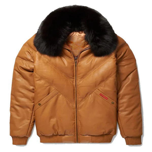 Men's Brown V-Bomber Faux Shearling Leather Jacket-Men Shearling Jacket-Premium Leather Store