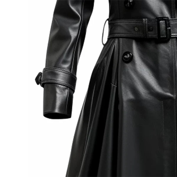 Women's Black Bravura Long Designer Leather Coat-Women Leather Coat-Premium Leather Store