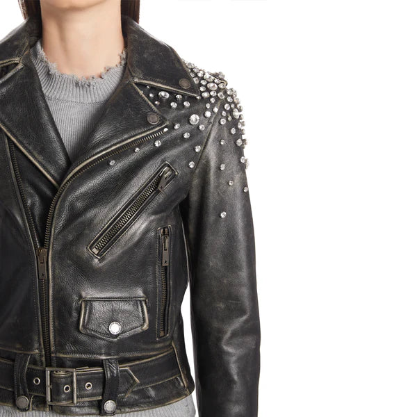 Women's Crystal Embellished Moto Leather Jacket-Women Leather Jacket-Premium Leather Store
