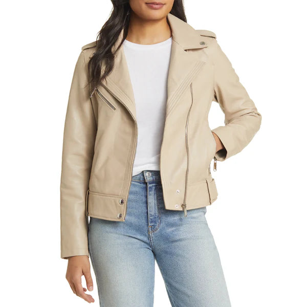 Women's Beige Sam Edelman Moto Leather Jacket-Women Biker Jacket-Premium Leather Store