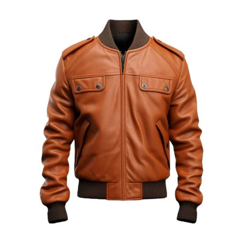 Men's Tan Strap Pocket Bomber Leather Jacket-Men's Bomber Jacket-Premium Leather Store