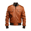 Men's Tan Strap Pocket Bomber Leather Jacket-Men's Bomber Jacket-Premium Leather Store