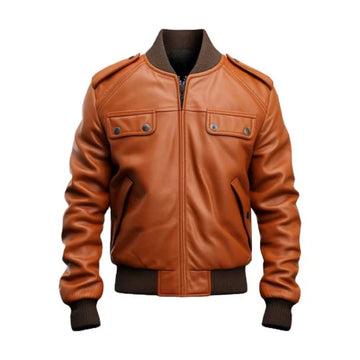 Men's Tan Strap Pocket Bomber Leather Jacket-Men's Bomber Jacket-Premium Leather Store