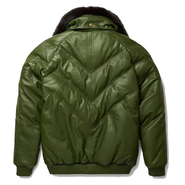 Men's Green V-Bomber Faux Shearling Leather Jacket-Men Shearling Jacket-Premium Leather Store