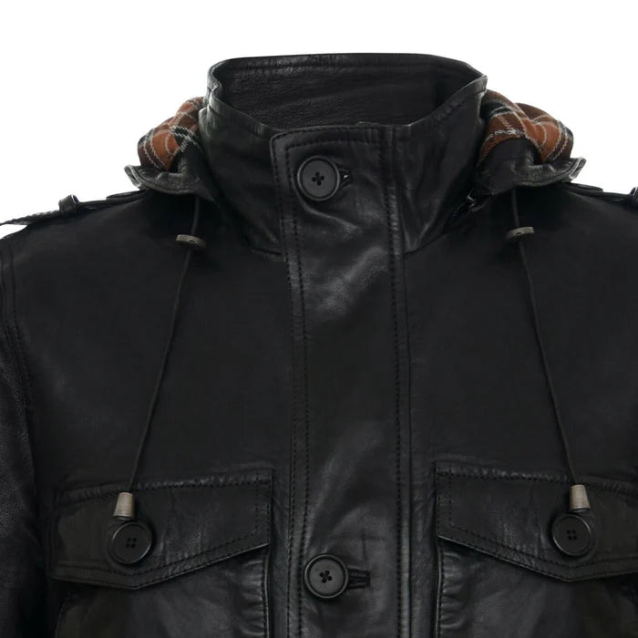 Black Classic Hooded Leather Trench Overcoat-Men Leather Coat-Premium Leather Store