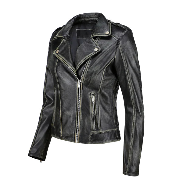 Women's Black Zip-Up Handwaxed Moto Jacket-Women Leather Jacket-Premium Leather Store