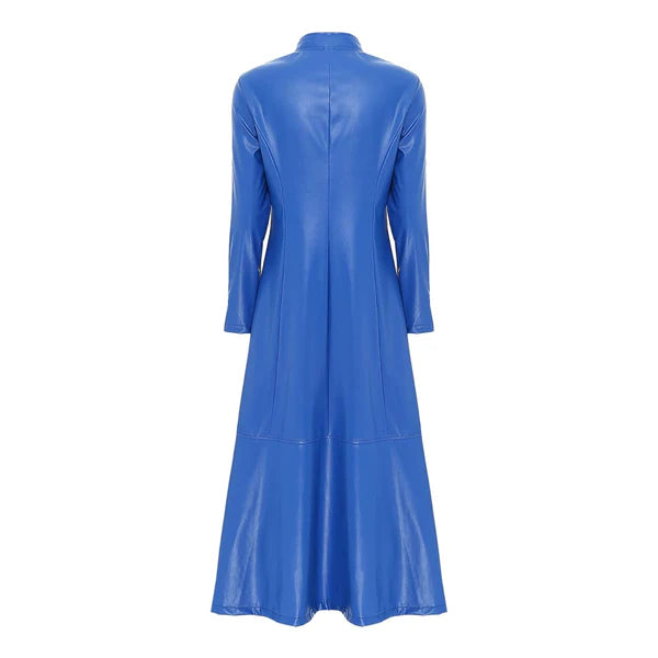 Blue Full-Zip Ankle-Length Genuine Leather Trench Coat-Women Leather Coat-Premium Leather Store
