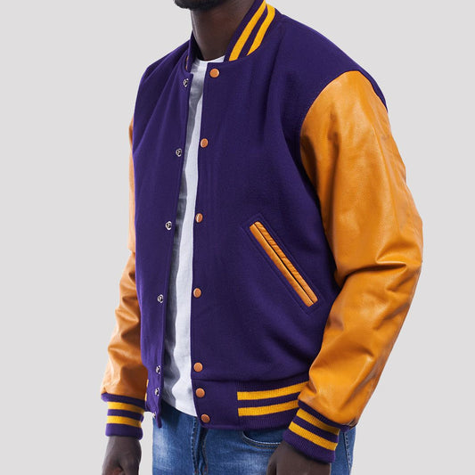 Purple Wool Varsity Jacket with Bright Gold Leather Sleeves-Varsity Jackets-Premium Leather Store