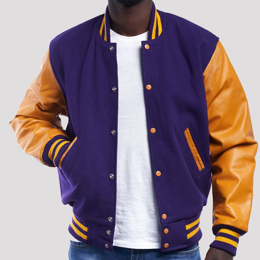 Purple Wool Varsity Jacket with Bright Gold Leather Sleeves-Varsity Jackets-Premium Leather Store