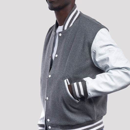 Light Oxford Wool Varsity Jacket with Bright White Leather Sleeves-Varsity Jackets-Premium Leather Store