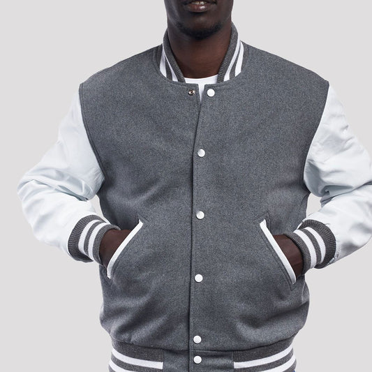 Light Oxford Wool Varsity Jacket with Bright White Leather Sleeves-Varsity Jackets-Premium Leather Store