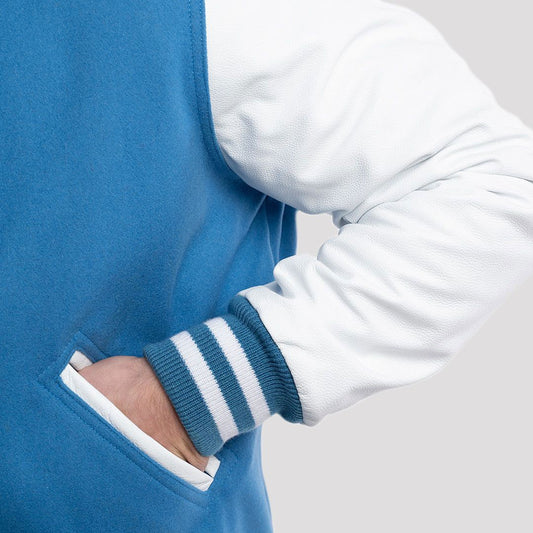 Newark Blue Wool Varsity Jacket with Bright White Leather Sleeves-Varsity Jackets-Premium Leather Store