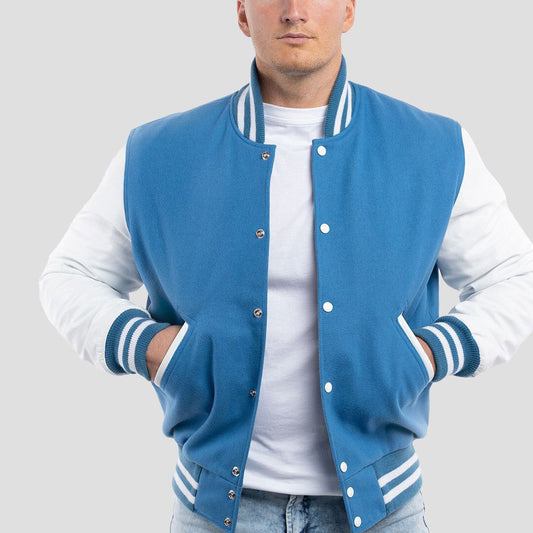 Newark Blue Wool Varsity Jacket with Bright White Leather Sleeves-Varsity Jackets-Premium Leather Store