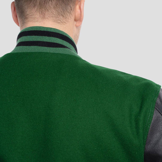 Kelly Green Wool Varsity Jacket with Black Leather Sleeves-Varsity Jackets-Premium Leather Store