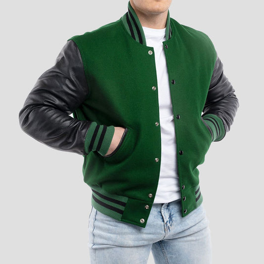 Kelly Green Wool Varsity Jacket with Black Leather Sleeves-Varsity Jackets-Premium Leather Store