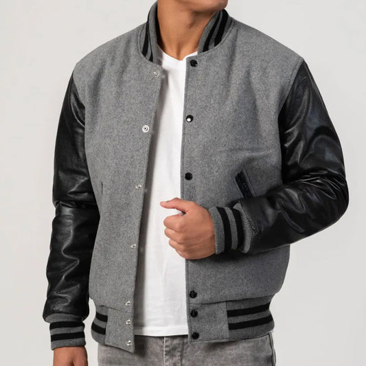 Light Oxford Wool Varsity Jacket with Black Leather Sleeves-Varsity Jackets-Premium Leather Store