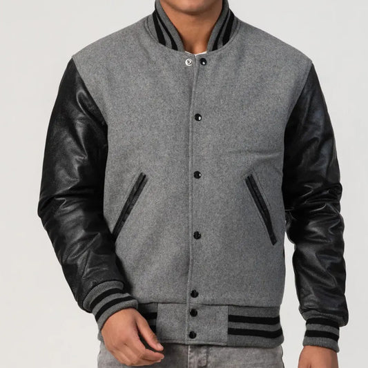 Light Oxford Wool Varsity Jacket with Black Leather Sleeves-Varsity Jackets-Premium Leather Store