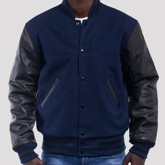 High Royal Wool Body Varsity Jacket with Black Leather Sleeves-Varsity Jackets-Premium Leather Store