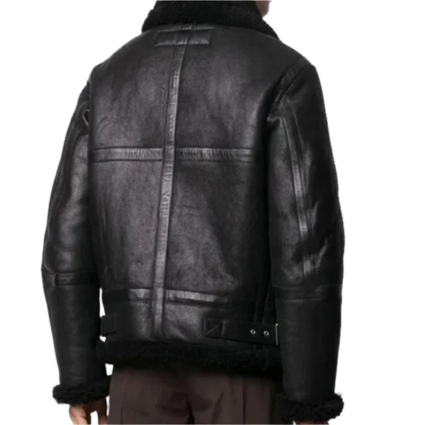 Men's Black Faux Shearling B3 Bomber Leather Jacket-Men Shearling Jacket-Premium Leather Store