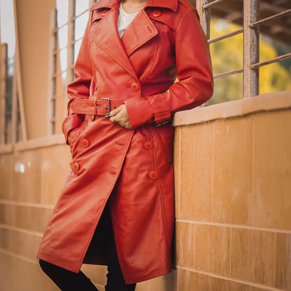 Women's Red Double-Breasted Stylish Leather Trench Coat-Women Leather Coat-Premium Leather Store