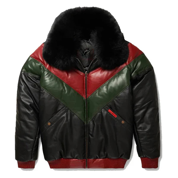 Men's Multicolor V-Bomber Faux Shearling Leather Jacket-Men Shearling Jacket-Premium Leather Store