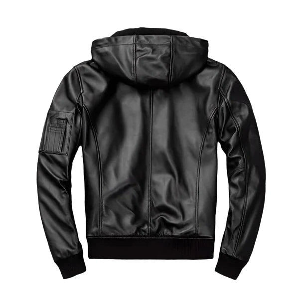 Men's Black Hooded Motorcycle Bomber Jacket-Men's Bomber Jacket-Premium Leather Store