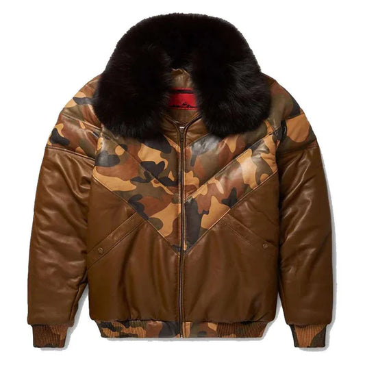 Men's Brown V-Bomber Faux Shearling Leather Jacket-Men Shearling Jacket-Premium Leather Store