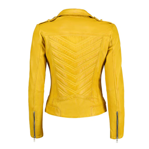 Women's Yellow Zip-Up Handwaxed Moto Jacket-Women Biker Jacket-Premium Leather Store