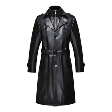 Black Double Collar Long Trench Genuine Leather Coat-Men Leather Coat-Premium Leather Store