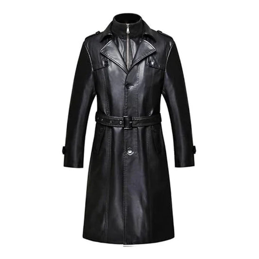 Black Double Collar Long Trench Genuine Leather Coat-Men Leather Coat-Premium Leather Store
