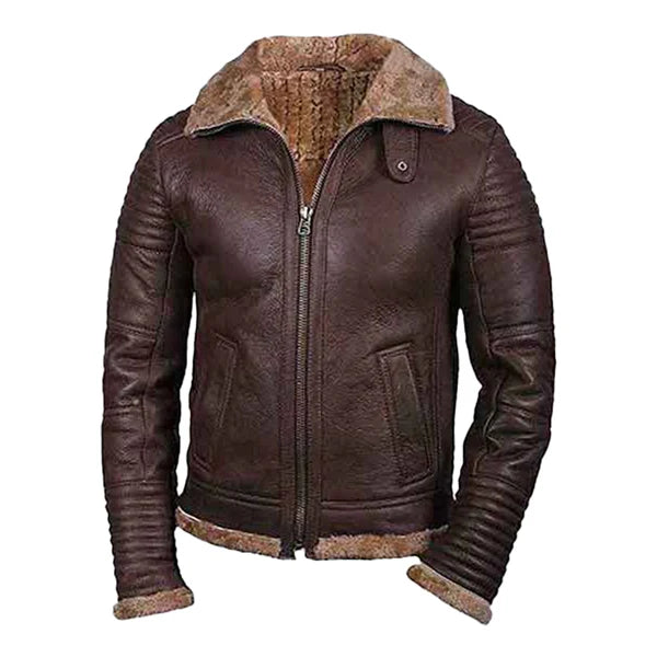 Men's Brown Zipper Faux Shearling Leather Jacket-Men Shearling Jacket-Premium Leather Store